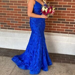 Beautiful blue lace prom pageant dress